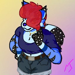 anthro blue_body blue_clothing blue_eyes blue_fur blue_shirt blue_topwear breasts cheek_tuft cleavage clothed clothing ear_tuft facial_tuft female fur gesture hair hand_gesture jewelry looking_at_viewer markings multicolored_body multicolored_fur navel necklace obscured_eyes red_hair shirt simple_background smile solo star_(marking) striped_markings stripes tail topwear tuft v_sign white_body white_fur misssloth domestic_cat felid feline felis mammal 1:1 signature