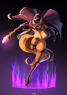 anthro big_breasts breasts cape clothed clothing female fishnet_clothing hat headgear headwear heterochromia huge_breasts leotard magic magic_user skimpy solo staff thick_thighs wide_hips witch witch_costume witch_hat viejillox elizabeth_fox canid canine fox mammal 2025 absurd_res hi_res