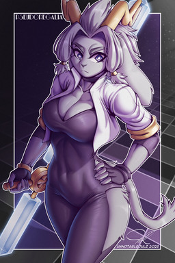 abs accessory anthro antlers big_breasts black_clothing black_gloves black_handwear bracelet breasts checkered checkered_floor claws cleavage clothed clothing cropped_jacket diamond_eyes dream_breaker_(pseudoregalia) eyebrows eyelashes female fingerless_gloves floppy_ears fur gloves gold_(metal) gold_jewelry grey_body grey_fur grey_hair hair hair_accessory hair_ring hand_on_hip handwear high-angle_view holding_object holding_weapon horn jacket jewelry leotard lop_ears muscular muscular_anthro muscular_female outline purple_eyes solo tail text thick_eyebrows thick_thighs topwear weapon white_clothing white_jacket white_outline white_topwear wide_hips yellow_horn unnotablejulz pseudoregalia sybil_(pseudoregalia) bovid caprine goat jackalope lagomorph mammal 2025 artist_name dated digital_media_(artwork) hi_res signature