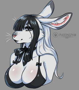 anthro bangs big_breasts black_clothing black_hair black_topwear blunt_bangs bra breasts cheek_tuft cleavage clothed clothing eyebrows eyelashes facial_tuft female fur grey_background grey_eyes hair hair_over_eye inner_ear_fluff multicolored_hair pink_inner_ear pink_nose simple_background solo text topwear tuft two_tone_hair underwear whiskers white_body white_fur white_hair white_inner_ear_fluff conditional_dnp puddingpaw lagomorph leporid mammal rabbit 2024 artist_name bust_portrait dated digital_media_(artwork) portrait shaded