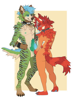 animal_genitalia animal_penis anthro back_mane blush blush_lines bodily_fluids canine_genitalia canine_penis chest_tuft collar dripping duo ear_piercing facial_piercing fluffy fluffy_tail frottage genital_fluids genitals knot lip_piercing long_tongue male male/male neck_tuft penile penis penises_touching piercing precum precum_drip sex size_difference striped_body stripes tail tongue tongue_out tuft wristband goldendoqqs chhips ailurid canid canine canis domestic_dog hybrid hyena mammal red_panda hi_res trans_(lore) trans_man_(lore)