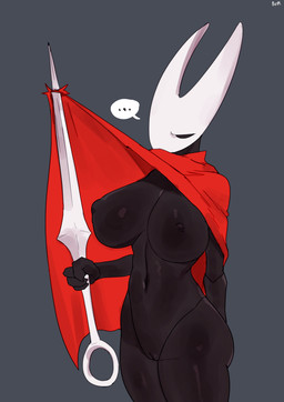 4_fingers anthro areola big_breasts biped black_body breasts clothed clothed_anthro clothed_female clothing ellipsis female fingers front_view genitals holding_melee_weapon holding_object holding_weapon melee_weapon nail_(weapon) navel nipples simple_background solo speech_bubble standing vulva weapon buta99 hollow_knight_(franchise) team_cherry hornet_(hollow_knight) arthropod 2025 absurd_res digital_drawing_(artwork) digital_media_(artwork) hi_res