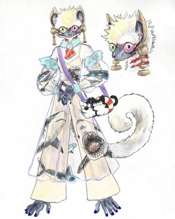 anthro clothed clothing colored_nails ear_piercing feet female fur green_eyes hair handbag heterochromia looking_at_viewer nails piercing prehensile_feet purse simple_background solo tail toes white_background white_body white_fur kyokyota felid feline lemur mammal primate strepsirrhine 2018 absurd_res hi_res traditional_media_(artwork)