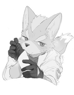 anthro biped blush blush_lines bodily_fluids clothed clothed_sex clothing dipstick_tail disembodied_penis duo fellatio fluffy fluffy_tail fur genitals glovejob gloves handwear head_tuft humanoid_genitalia humanoid_penis licking male male/male markings narrowed_eyes oral penile penis penis_lick saliva sex simple_background snout solo_focus sweat sweatdrop tail tail_markings three-quarter_view tongue tongue_out tuft white_background o44chan nintendo star_fox fox_mccloud canid canine fox mammal 2026 digital_drawing_(artwork) digital_media_(artwork) greyscale hi_res monochrome