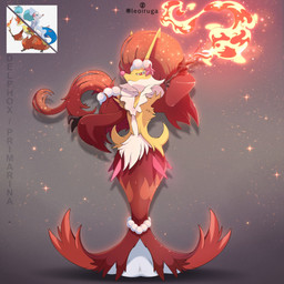 ambiguous_gender anthro eyelashes fur gem hair holding_object looking_at_viewer magic magic_user magic_wand multicolored_body orange_eyes orange_hair pearl_(gem) red_body red_fur simple_background solo starfish_(accessory) white_body white_fur yellow_body yellow_fur leoiruga nintendo pokemon asterozoan canid canine delphox echinoderm generation_6_pokemon generation_7_pokemon hybrid mammal marine pokemon_(species) primarina shiny_pokemon starfish 1:1 2024 hi_res reference_image signature