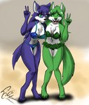 4_toes anthro barefoot bikini breasts claws cleavage clothed clothing digitigrade duo feet female fur gesture green_body green_eyes green_fur green_hair hair hand_gesture happy leaf leaf_bikini leaf_clothing navel purple_body purple_fur purple_hair simple_background swimwear toes tuft two-piece_swimsuit v_sign dekaisen bloodline bloodline_(webcomic) ariah_(bloodline) ember_(bloodline) canid canine canis mammal wolf hi_res