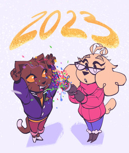 anthro biped boots bottomwear brown_body brown_fur clothing confetti duo eyelashes eyeliner eyewear female footwear fur glasses hair holidays jacket long_hair makeup open_mouth pants raised_arm shoes short_hair sweater tail topwear whiskers yellow_body yellow_fur itsdanfango new_year jalei_(itsdanfango) julie_(itsdanfango) canid canine canis domestic_cat domestic_dog felid feline felis mammal 2023 dated hi_res