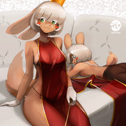 anthro anthrofied big_breasts bikini breast_squish breasts brown_body brown_fur clothing crown duo female fur gloves green_eyes hair handwear headgear lying pillow queen riding_crop royalty squish swimwear thick_thighs two-piece_swimsuit whip white_hair wide_hips ventoza made_in_abyss nanachi lagomorph mammal 1:1 hi_res