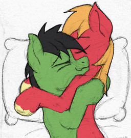 black_hair black_mane cuddling dominant dominant_male duo feral green_body hair hug male male/male mane orange_hair orange_mane pillow red_body simple_background submissive submissive_male white_background sefastpone friendship_is_magic hasbro my_little_pony anon anon_stallion big_macintosh_(mlp) earth_pony equid equine horse mammal pony 2022 colored_sketch sketch
