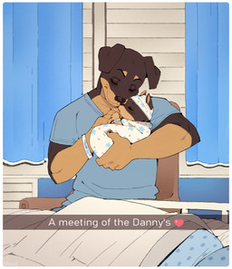 5_fingers anthro border bracelet brown_body brown_fur clothed clothing duo eyebrows eyes_closed fingers floppy_ears fur good_parenting inside jewelry love male multicolored_body multicolored_fur neonate offscreen_character shirt sitting slice_of_life t-shirt tan_body tan_fur topwear two_tone_body two_tone_fur white_border young roly daniel_porter daniel_porter_jr. tracy_porter canid canine canis dobermann domestic_dog mammal pinscher 2025 hi_res father_(lore) father_and_child_(lore) father_and_son_(lore) parent_(lore) parent_and_child_(lore) parent_and_son_(lore) son_(lore)