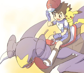 ambiguous_gender clothing feral group hair handwear headgear headwear male riding saddle straddling topwear white_body toritorico001 nintendo pokemon ash_ketchum pokemon_trainer garchomp generation_1_pokemon generation_4_pokemon human mammal pikachu pokemon_(species)