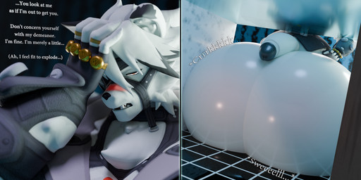 anthro balls balls_expansion big_balls big_penis blush chest_tuft classy clothing dialogue expansion fingerless_gloves fur genital_expansion genitals gloves grey_clothing grey_topwear grey_vest hair handwear huge_balls huge_penis humanoid_genitalia humanoid_penis hyper hyper_balls hyper_genitalia hyper_penis male muscular muscular_anthro muscular_male penis red_eyes ring solo speech_bubble straps text topwear tuft vest white_balls white_body white_fur white_hair notsobretheren mihoyo zenless_zone_zero von_lycaon canid canine canis mammal wolf 3d_(artwork) digital_media_(artwork) english_text hi_res