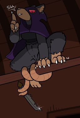 anthro black_body black_fur bottomless cape claws clothed clothing female fur genitals knife looking_at_viewer partially_clothed red_eyes shush solo teeth vulva weapon trout_(artist) warhammer_(franchise) warhammer_fantasy tueetch_ambersnout mammal murid murine rat rodent skaven absurd_res hi_res