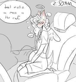 ambiguous_gender anthro bladder_bulge blush blush_lines booster_seat car clothing costume cross cross_necklace dialogue halo hand_on_crotch inside_car inside_vehicle jewelry kneeling moan necklace offscreen_character omorashi overalls solo speech_bubble text time vehicle paddle-boat angel_(paddle-boat) deer mammal digital_drawing_(artwork) digital_media_(artwork) english_description english_text hi_res restricted_palette male_(lore)