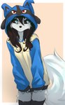 5_fingers anthro biped black_hair black_sclera blue_eyes border breasts clothed clothed_anthro clothed_female clothing female fingers front_view fur hair kigurumi legwear looking_aside onesie simple_background solo standing tail thigh_highs white_body white_border white_fur white_tail tinygaypirate canid canine fox mammal 2025 digital_media_(artwork) hi_res