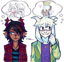 anthro antlers bite black_hair blood bodily_fluids brown_body brown_fur clothed clothed_anthro clothing cross cross_ear_piercing cross_piercing duo eyewear fangs female flannel floppy_ears front_view fully_clothed fully_clothed_anthro fur glasses hair hand_holding highlights_(coloring) horn imagination jewelry long_ears male male/female necklace philtrum piercing red_antlers romantic romantic_couple shirt shoulder_bite sweat teeth topwear white_body white_fur dessoirprinces deltarune undertale undertale_(series) asriel_dreemurr dess_holiday bovid caprine deer goat mammal new_world_deer reindeer hi_res