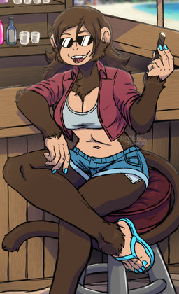 5_toes anthro bar beach bottomwear brown_body brown_fur cigarette clothing colored_nails eyewear feet female fur happy hotpants humanoid_feet nails plantigrade shorts solo sunglasses tail toes zimakum haplorhine mammal monkey primate absurd_res colored_sketch hi_res sketch
