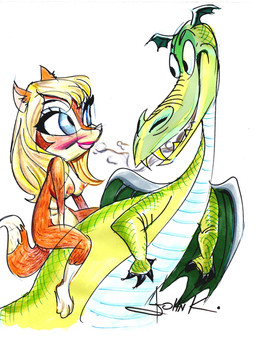 adolescent anthro areola black_claws blonde_hair blue_eyes blush breasts breath claws closed_smile countershading dipstick_tail duo eye_contact eyelashes fangs female female_anthro feral fur gloves_(marking) green_body green_scales green_wings hair leg_markings lipstick looking_at_another makeup male male_feral markings mouth_closed nude nude_anthro nude_female open_mouth open_smile orange_areola orange_body orange_fur riding_on_back scales simple_background smile smiling_at_another socks_(marking) tail tail_markings teeth text white_background white_body white_countershading white_tail_tip wings young young_anthro young_female john_k mythology canid canine dragon fox mammal mythological_creature mythological_scalie scalie artist_name marker_(artwork) preview traditional_media_(artwork)