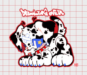 ambiguous_gender band-aid band-aid_on_face bandage bandage_on_face bodily_fluids bone_in_mouth collar drooling feral fur markings saliva solo spiked_collar spikes spots spotted_body spotted_fur star_eyes takoya_de canid canine canis dalmatian domestic_dog mammal hi_res