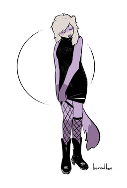 ambiguous_gender anthro black_clothing black_dress black_footwear boots circle_background clothing cowboy_boots dress eyes_closed fishnet_stockings footwear freckles fur geometric_background hair purple_body purple_fur purple_nose shoes simple_background solo standing tail turtleneck_dress white_background white_hair borealhao lamapola vinea_(lamapola) domestic_ferret mammal mustelid musteline true_musteline weasel 2024 absurd_res hi_res signature nonbinary_(lore)