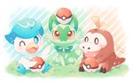 ambiguous_gender ball_on_head blue_body blue_eyes blue_hair blush feral fur grass green_body green_fur group hair one_eye_closed open_mouth plant pokeball red_body red_eyes simple_background sitting trio mugita_konomi nintendo pokemon fuecoco generation_9_pokemon pokemon_(species) quaxly sprigatito hi_res signature