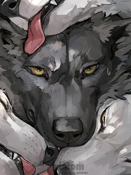 ambiguous_form ambiguous_gender black_body black_ears black_fur black_inner_ear_fluff black_nose blep bodily_fluids canine_nose canine_teeth cheek_tuft close-up face_lick facial_tuft fluffy fur group inner_ear_fluff licking licking_another licking_lips looking_at_viewer monotone_body monotone_fur nuzzling overbite pink_tongue pointy_ears prick_ears snout solo_focus surrounded sweat sweatdrop teeth text tongue tongue_out tuft white_body white_fur yellow_eyes wintom canid canine canis mammal wolf 2025 artist_name digital_media_(artwork)