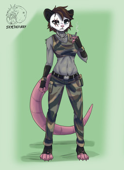anthro black_body black_fur blue_eyes brown_eyes brown_hair clothing female fur grey_body grey_fur hair military_uniform pink_body scar solo uniform white_body white_fur allartskye american_opossum mammal marsupial hi_res