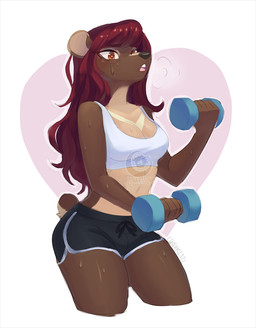 anthro breasts cleavage clothed clothing countershading dumbbell exercise female hair solo weights lunaris21 opal_(jellydoeopal) bear mammal sun_bear ursine