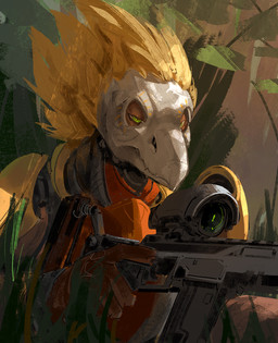 3_fingers anthro armor beak clothing feather_hair feathered_crest feathers fingers forest forest_background gloves grass green_eyes gun handwear head_crest holding_gun holding_object holding_ranged_weapon holding_rifle holding_weapon male narrowed_eyes nature nature_background plant pseudo_hair ranged_weapon rifle scope solo tree weapon white_body white_face yellow_body yellow_feathers aidelank halo_(series) microsoft xbox_game_studios fan_character kej_(kataou) alien avian kig-yar scalie t'vaoan colored hi_res