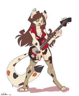 alternative_fashion anthro brown_hair clothing electric_guitar female green_eyes guitar hair legwear long_hair looking_at_viewer musical_instrument paws piercing playing_guitar playing_music plucked_string_instrument simple_background solo spots stockings string_instrument tail tongue white_background arr domestic_cat felid feline felis mammal