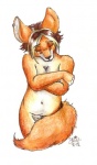 anthro black_nose blonde_hair breasts brown_hair canid canine covering covering_breasts covering_crotch covering_self ear_piercing eyes_closed female fennec_fox fluffy fluffy_tail fox foxyfennec front_view fur hair holding_arm mammal multicolored_hair nude orange_body orange_fur piercing portrait simple_background solo tail three-quarter_portrait true_fox white_background white_body white_fur