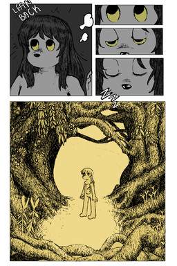ambiguous_gender anthro bangs biped black_eyes black_hair dream eyes_closing hair long_hair mouthless nude outside plant sink sleeping solo standing text tree yellow_sclera yourneighbortoasty sinkdog animate_inanimate canid canine canis domestic_dog mammal 2:3 comic digital_media_(artwork) english_text hi_res