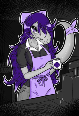 anthro apron barista big_breasts bottomwear bow_tie breasts cash_register clothed clothed_anthro clothed_female clothing coffee_mug container cup detailed_background female fingers front_view grey_body grey_bottomwear grey_clothing grey_pants grey_shirt grey_topwear hair holding_container holding_cup holding_mug holding_object humanoid_hands inside long_hair long_tail looking_at_viewer mug narrowed_eyes non-mammal_breasts pants purple_apron purple_clothing purple_eyes purple_hair shirt smile solo standing tail topwear gothgator0 dinosaur prehistoric_species reptile saurischian scalie theropod tyrannosaurid tyrannosauroid tyrannosaurus tyrannosaurus_rex absurd_res half-length_portrait hi_res portrait restricted_palette