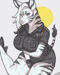 anatomically_inaccurate anthro big_breasts breasts clothed clothing ear_piercing female fur hair piercing police police_uniform smile solo stripes topwear uniform white_body azi_4081 equid equine mammal zebra hi_res