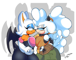 annoyed anthro bell bell_collar breast_squish breasts breasts_frottage clothing collar comparing comparing_breasts duo eyelashes eyeshadow female female/female fist hair half-closed_eyes makeup narrowed_eyes ponytail shadow squish tail wings lonercroissant idw_publishing sega sonic_the_hedgehog_(comics) sonic_the_hedgehog_(idw) sonic_the_hedgehog_(series) lanolin_the_sheep_(sonic) rouge_the_bat bat bovid caprine mammal sheep hi_res signature