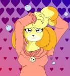 abstract_background anthro biped breasts bubble clothed clothing cosplay costume crossover_cosplay female fur hair hands_behind_back long_ears looking_at_viewer medium_breasts mouth_closed pose sign smile smiling_at_viewer solo standing topwear yellow_body yellow_fur gray50ul animal_crossing jojo's_bizarre_adventure nintendo isabelle_(animal_crossing) josuke_higashikata_(jojolion) canid canine canis domestic_dog mammal shih_tzu toy_dog crossover digital_media_(artwork) hi_res