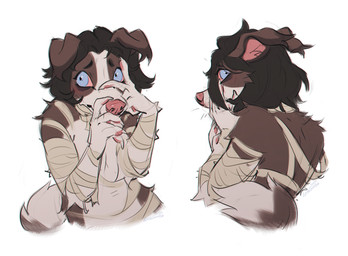 anthro arm_tuft black_hair blue_eyes brown_body brown_fur female female_anthro fingerpads floppy_ears front_view fur hair hand_on_face looking_aside looking_at_viewer messy_hair mouth_closed pawpads pink_nose pink_pawpads pink_sclera rear_view short_hair shoulder_tuft simple_background solo tuft white_background white_body white_fur lostgoose alexa_(mystery.dog) canid canine canis domestic_dog mammal 2024 dated half-length_portrait hi_res portrait signature