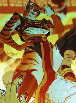 abs after_fight anthro bodily_fluids breasts claws clothed clothed_female clothing dominant duo feet female fluffy fur genital_fluids glowing glowing_eyes legwear long_tail low-angle_view male male/female markings muscular muscular_arms muscular_female nipples nude_male offscreen_male pose smile smirk solo_focus spots spotted_body spotted_fur striped_body striped_fur striped_markings striped_tail stripes sweat sweaty_body tail tail_markings topwear vaginal_fluids veiny_hands road~abelgeym dreamworks kung_fu_panda master_tigress tai_lung_(kung_fu_panda) felid mammal pantherine snow_leopard tiger absurd_res hi_res pinup