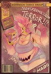 arm_maw armpit_maw big_breasts bottomwear breasts clothing dialogue hand_maw shirt shorts stomach_maw stylized tail tail_mouth tank_top topwear unusual_anatomy unusual_tail boidbwain mads_(boidbwain) avian bird chimera hybrid monster owl comic cover cover_art cover_page hi_res