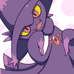ambiguous_gender front_view looking_at_viewer pseudo_clothing purple_body red_eyes simple_background smile solo white_background yellow_sclera kaitendo nintendo pokemon generation_4_pokemon ghost mismagius pokemon_(species) spirit 1:1