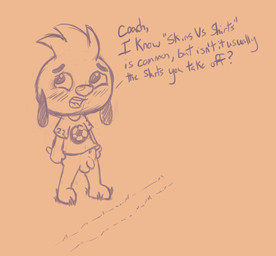 anthro balls blush bottomless clothed clothing dialogue embarrassed flaccid forced forced_exposure foreskin genitals grass humanoid_genitalia humanoid_penis looking_away male offscreen_character penis plant soccer_uniform solo sportswear text uniform young young_anthro young_male comjuke playkids junior_(playkids) canid canine canis domestic_dog mammal english_text sketch