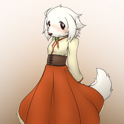 anthro bottomwear clothed clothing crossdressing crossdressing_male floppy_ears fur kemono male skirt solo white_body white_fur tsuchinoko_(artist) canid canine canis domestic_dog mammal 1:1 2019 hi_res