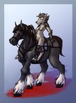 anthro armor breasts bridle clothed clothing digitigrade duo exposed_breasts female feral gauntlets genitals gloves handwear mount partially_clothed presenting pussy reins rider riding saddle simple_background unconvincing_armor revertigo jaclyn_(revertigo) canid canine canis domestic_dog draft_horse equid equine horse husky hybrid mammal nordic_sled_dog spitz wolf wolfdog absurd_res hi_res