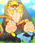 4_toes abs accessory anthro balls barazoku big_feet black_body black_fur blue_body blue_fur bottomwear brown_body brown_bottomwear brown_clothing brown_fur brown_headband brown_pants brown_stripes bulge cheek_tuft chest_tuft claws clothing cloud day duo facial_tuft fangs feet foot_fetish foot_on_face foot_on_penis foot_play fur fur_tuft genitals glistening glistening_body glistening_feet grass hands_behind_head headband humanoid_feet lying male male/male markings multicolored_body multicolored_fur muscular muscular_anthro muscular_male nipples on_back open_mouth open_smile orange_body orange_fur outside pants penis pink_nipples pink_tongue plant plantigrade red_nose rock sky smile striped_body striped_fur striped_markings striped_tail stripes sun tail tail_markings teeth toe_claws toes tongue tuft white_body white_fur white_inner_ear yellow_bottomwear yellow_clothing yellow_inner_ear yellow_pants yellow_penis vendetta892 epic_games fortnite nintendo pokemon chriso_(iamdachriso) meowtooth domestic_cat felid feline felis generation_4_pokemon luxio mammal pantherine pokemon_(species) tiger hi_res
