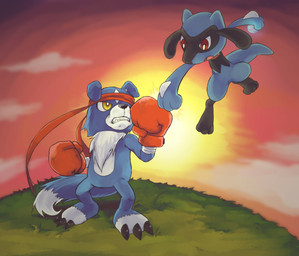 ambiguous_gender anthro black_body black_fur blue_body blue_fur claws cloud duo fight fur grass hair jumping male open_mouth plant red_eyes sharp_teeth standing sun sunset teeth toe_claws tuft white_body white_fur yellow_eyes izumi07 bandai_namco digimon nintendo pokemon canid canine digimon_(species) gaomon generation_4_pokemon mammal pokemon_(species) riolu hi_res