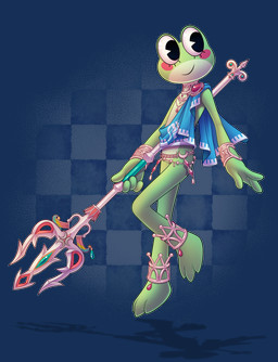 anthro blush clothed clothing cosplay female gold_(metal) gold_jewelry jewelry looking_at_viewer melee_weapon polearm smile solo standing trident weapon absolutedream breath_of_the_wild glitch_productions nintendo the_amazing_digital_circus the_legend_of_zelda mipha ribbit_(tadc) amphibian frog 2026 absurd_res alpha_channel hi_res