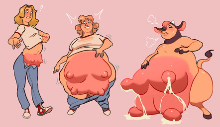 anthro blonde_hair bodily_fluids breast_growth breasts clothing growth growth_sequence hair hyper_udders lactating light_body light_skin milk nipples pink_nipples solo tan_body tan_skin teats torn_clothing transformation udders chunkowitz nintendo pokemon generation_2_pokemon human mammal miltank pokemon_(species) absurd_res hi_res sequence