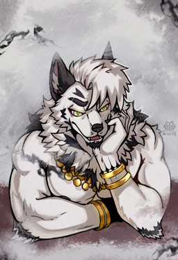 anthro blood bodily_fluids bracelet cloud collar fog fur jewelry looking_at_viewer male md.white muscular muscular_anthro muscular_male nipples pecs shadow simple_background smile solo tattoo white_body white_fur midnight_blue asian_mythology east_asian_mythology japanese_mythology mythology canid canine canis deity mammal wolf yokai absurd_res hi_res