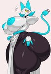 anthro areola big_breasts big_butt blue_hair blush blush_stickers breasts butt female hair huge_breasts huge_butt hyper hyper_butt machine nipples solo tail thick_thighs yellow_eyes nitrozo deltarune undertale_(series) tasque_manager android darkner felid feline mammal robot 2024 hi_res