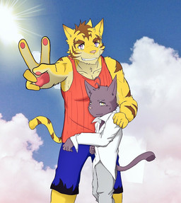 anthro clothing cloud duo eyebrows gesture hand_gesture hug male male/male pecs shirt size_difference smile sun tank_top thick_eyebrows topwear v_sign paomer morenatsu shin_kuroi torahiko_ooshima domestic_cat felid feline felis mammal pantherine tiger
